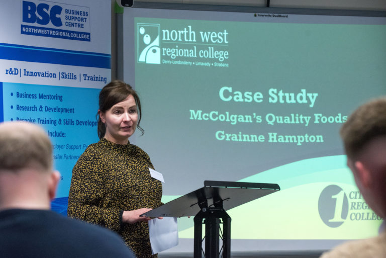 Grainne Hampton Managing Director of McColgan's Quality Foods speaking at the Business Breakfast about the support she received from the college.
