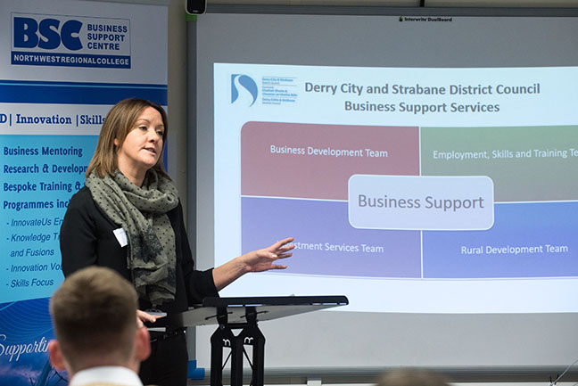 Laverne O'Donnell Business and Investment Project Officer at DCSDC speaking at the NWRC Strabane Business Breakfast event