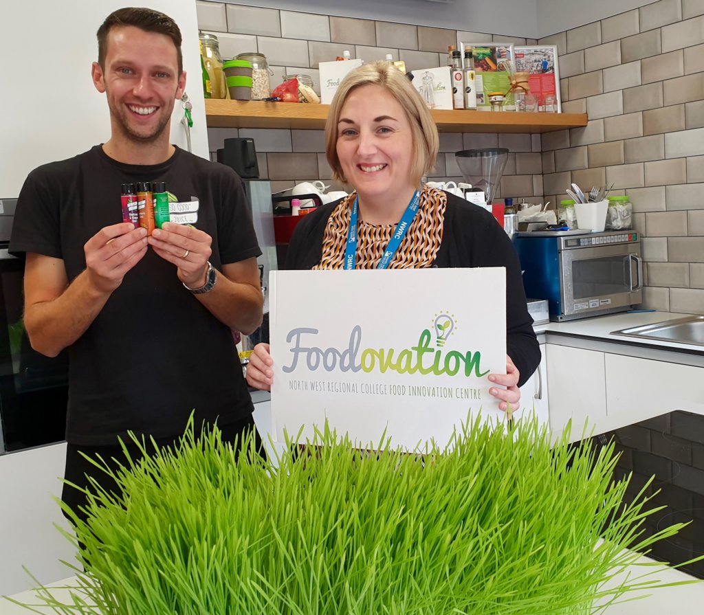 Owner of SoGoodJuice Gerard Curran pictured with NWRC Foodovation Manager Stella Graham who helped Gerard develop the shots.