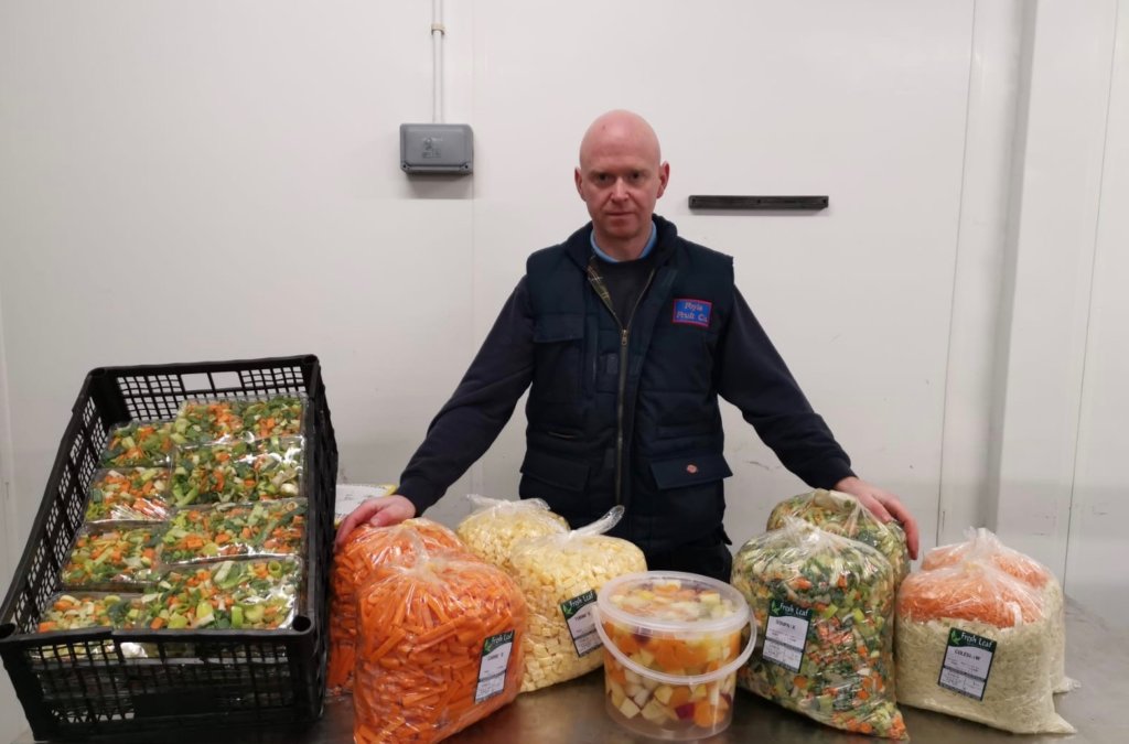 Paul Larkin of Foyle Fruit, with his carrot batons, diced turnip, fruit salad, soup veg and coleslaw mix which were shelf life tested to reduce wastage. He was helped by NWRC Foodovation Centre.
