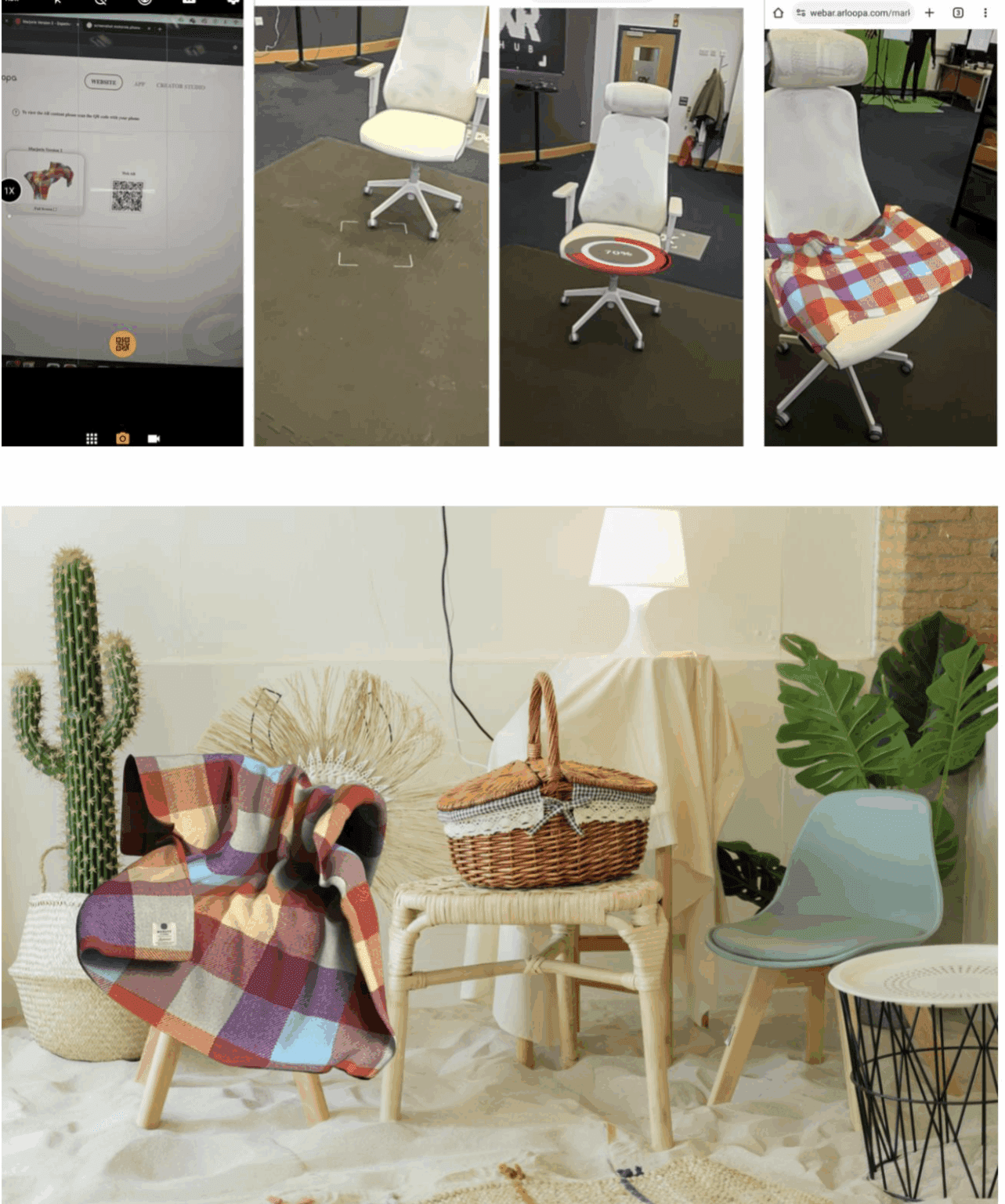 Photograph collage showing a white office chair being scanned and virtually overlaid with a red circular marker and a multicoloured checkered blanket. The bottom photo depicts a styled room setup with a similar checkered blanket draped over a wooden chair, alongside a wicker basket, cactus, and modern furniture, illustrating augmented reality application for interior design.